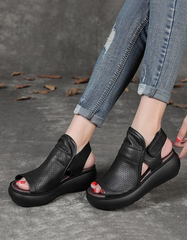 Retro Hollow Wedge Sandalen Slingback Voor Dames