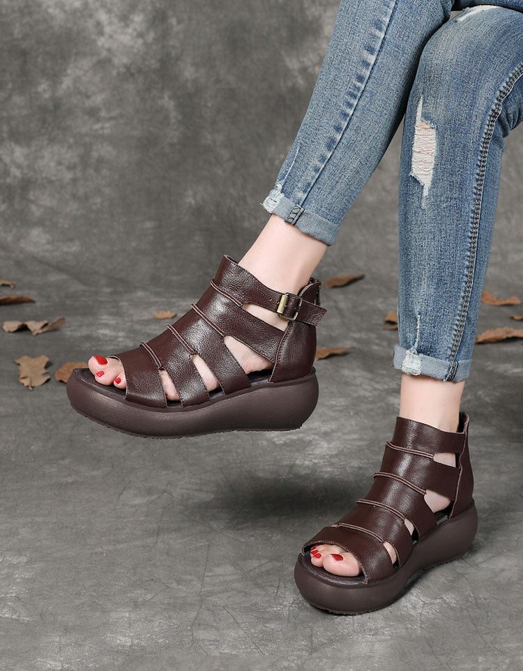 Retro Leren Sandalen Met Enkelband Voor Dames