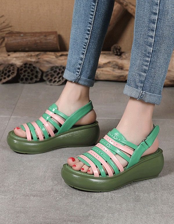 Retro Leren Zomer Kleurrijke Wedge Sandalen