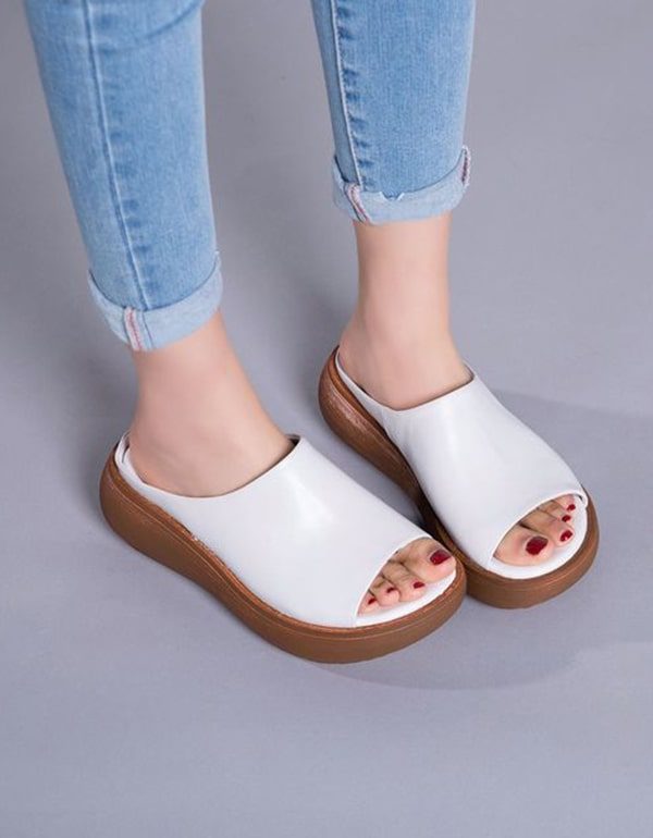 Retro Leren Zomerpantoffels Met Open Neus En Sandalen