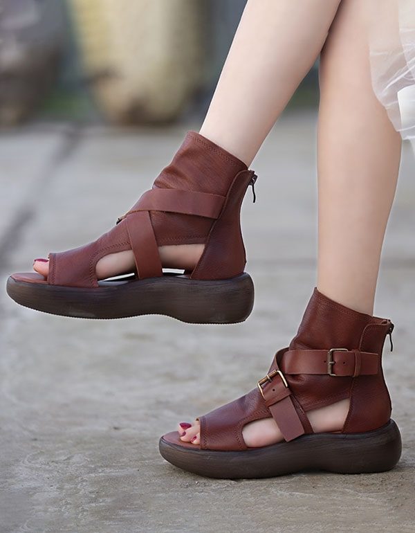 Zomer Enkel Retro Plateau Sandalen Met Uitsnijding