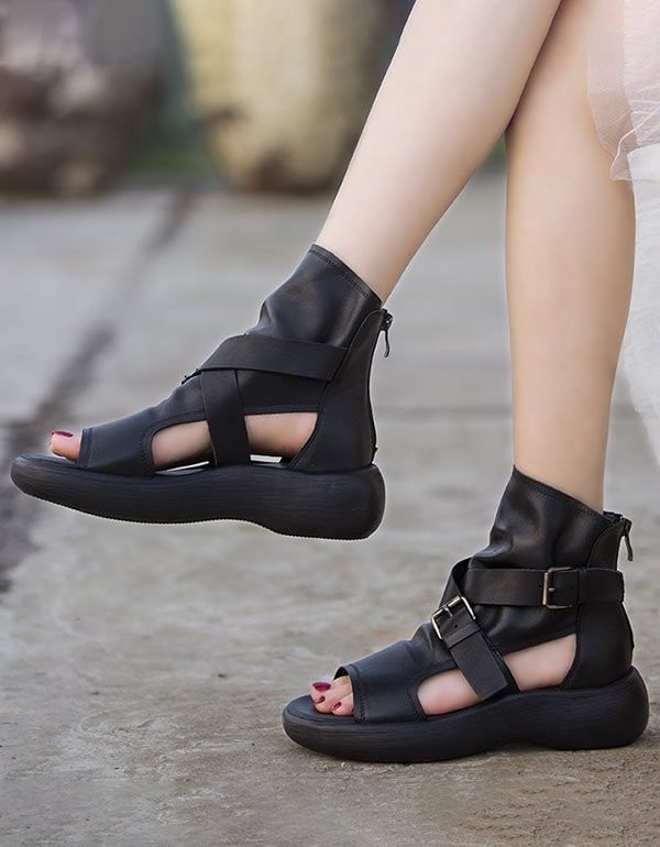 Zomer Enkel Retro Plateau Sandalen Met Uitsnijding