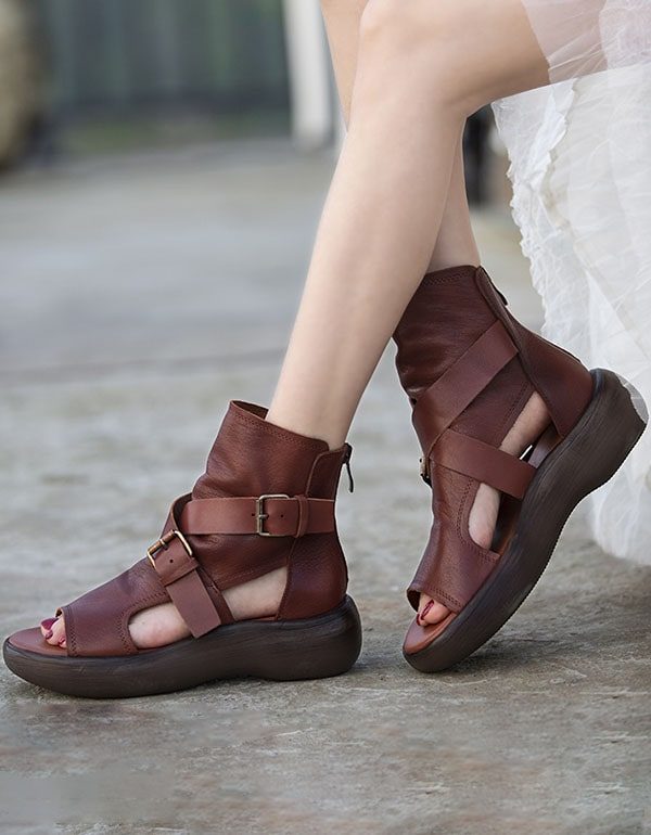 Zomer Enkel Retro Plateau Sandalen Met Uitsnijding