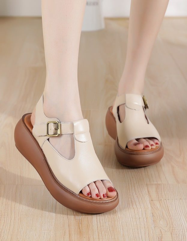 Zomer Leren Open Teen Wedge Sandalen