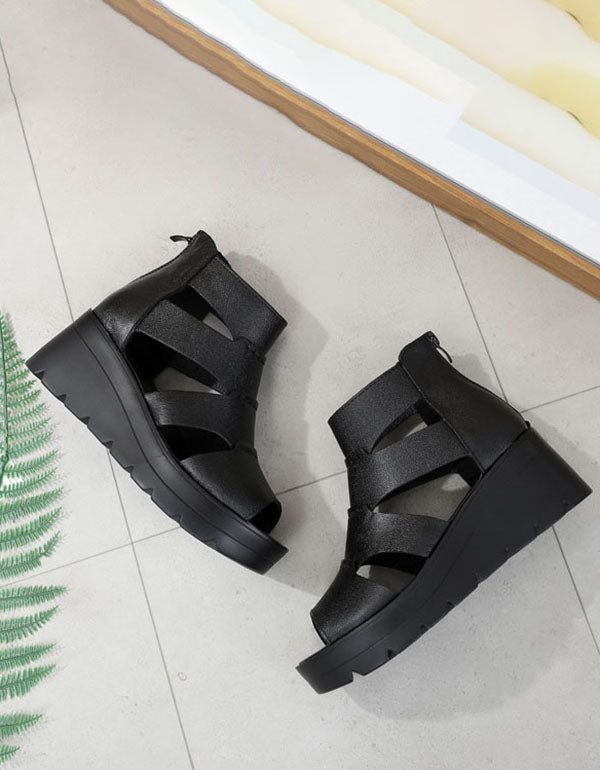 Zomer Leren Sandalen Sleehak Zwart