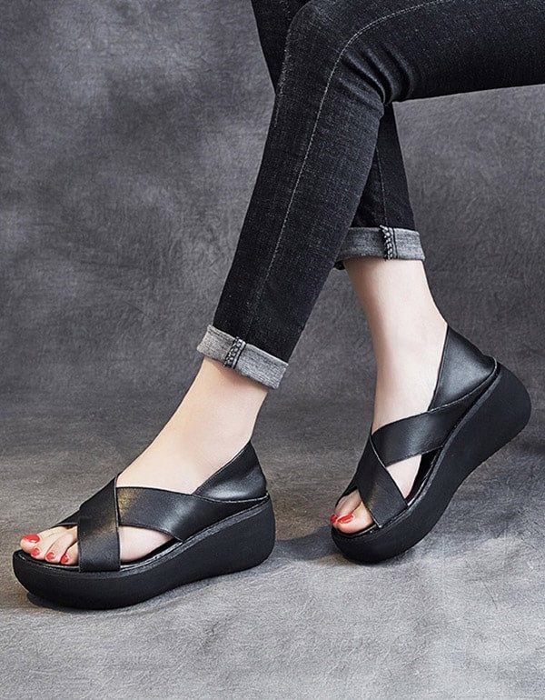 Zomer Retro Leren Slip-on Platform Sandalen