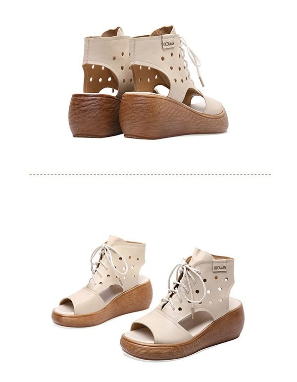 Zomer Retro Leren Wedge Sandalen Met Veters