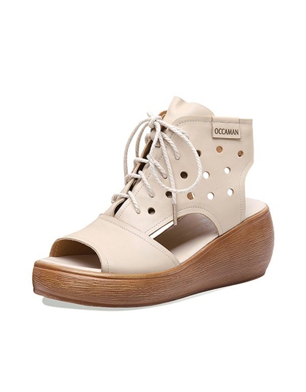 Zomer Retro Leren Wedge Sandalen Met Veters