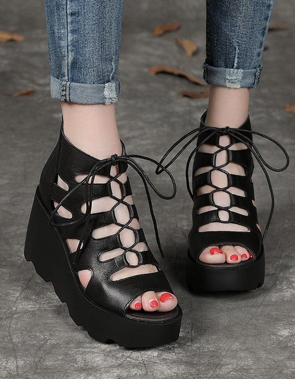 Zomer Wedge Lace Up Romeinse Sandalen Zwart