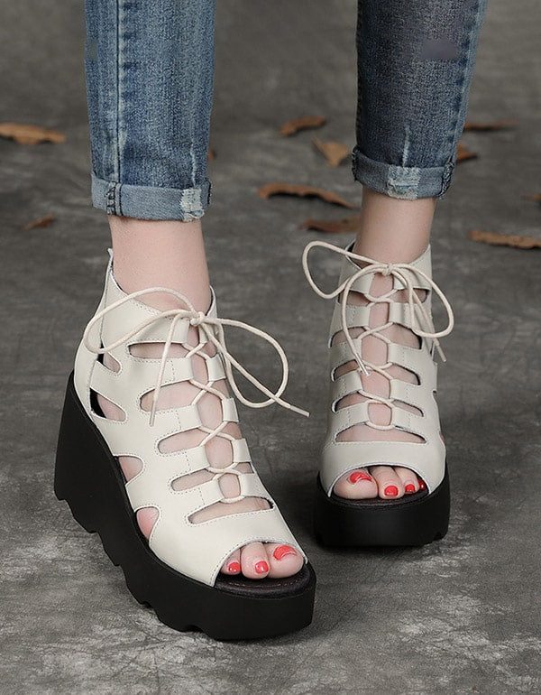 Zomer Wedge Lace Up Romeinse Sandalen Zwart