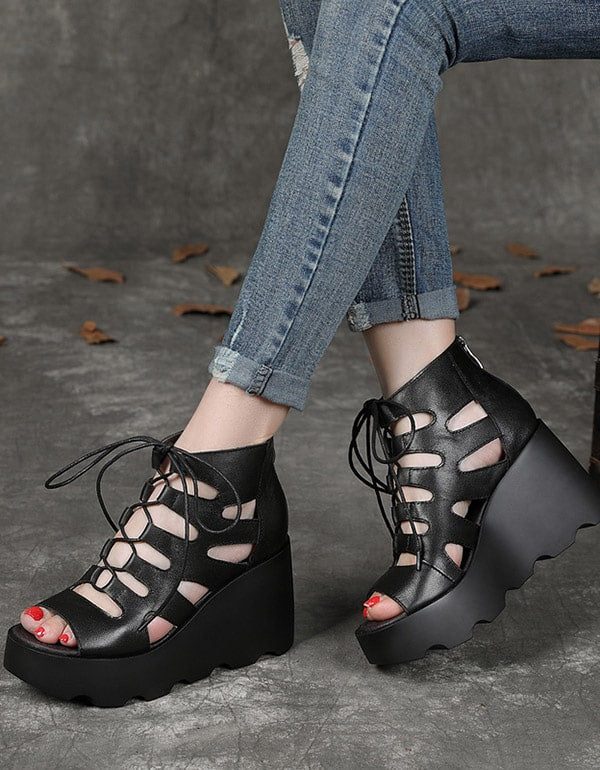 Zomer Wedge Lace Up Romeinse Sandalen Zwart