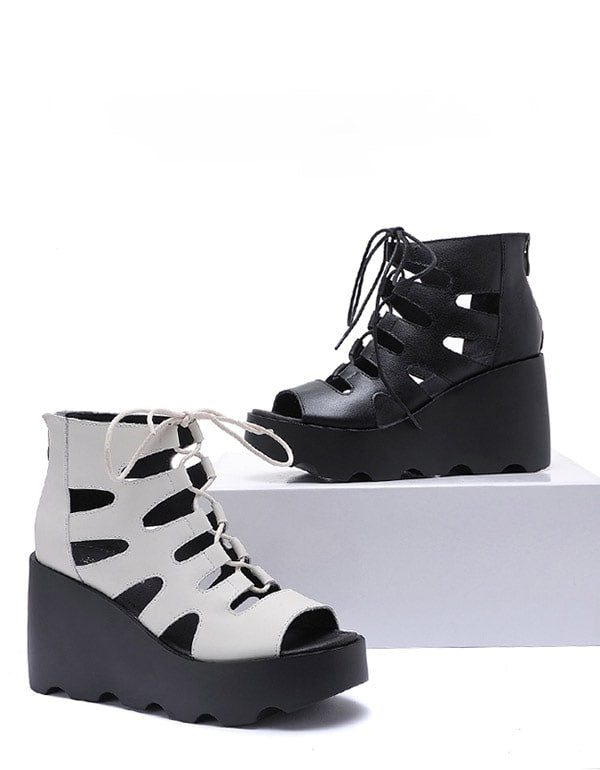 Zomer Wedge Lace Up Romeinse Sandalen Zwart