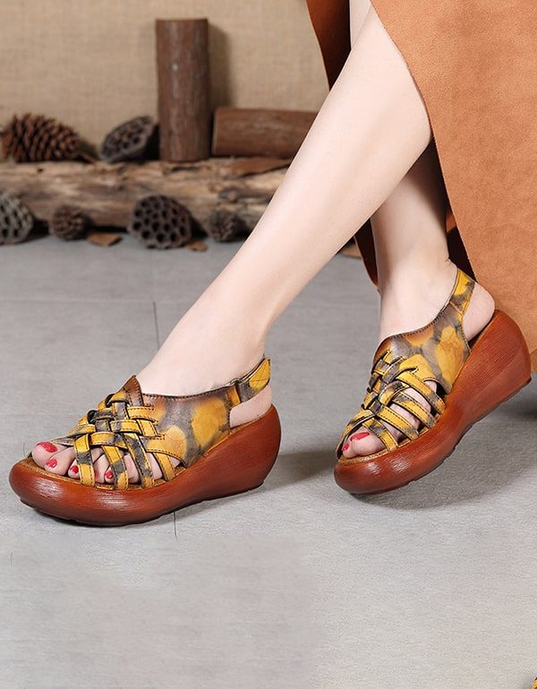 Zomer Wedge Retro Leren Sandalen Dames