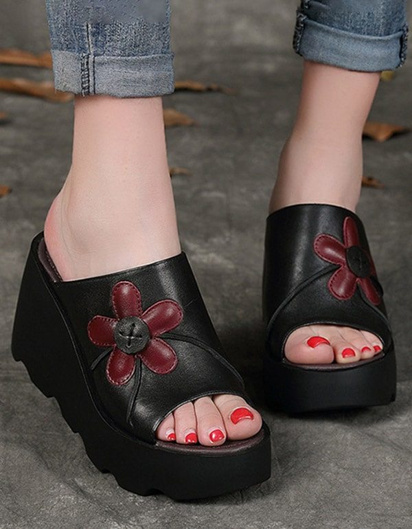 Handgemaakte Retro Zomer Zwarte Wedge Slippers