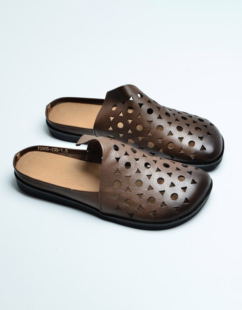 Retro Lederen Slippers Met Zachte Onderkant En Ronde Kop