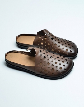 Retro Lederen Slippers Met Zachte Onderkant En Ronde Kop