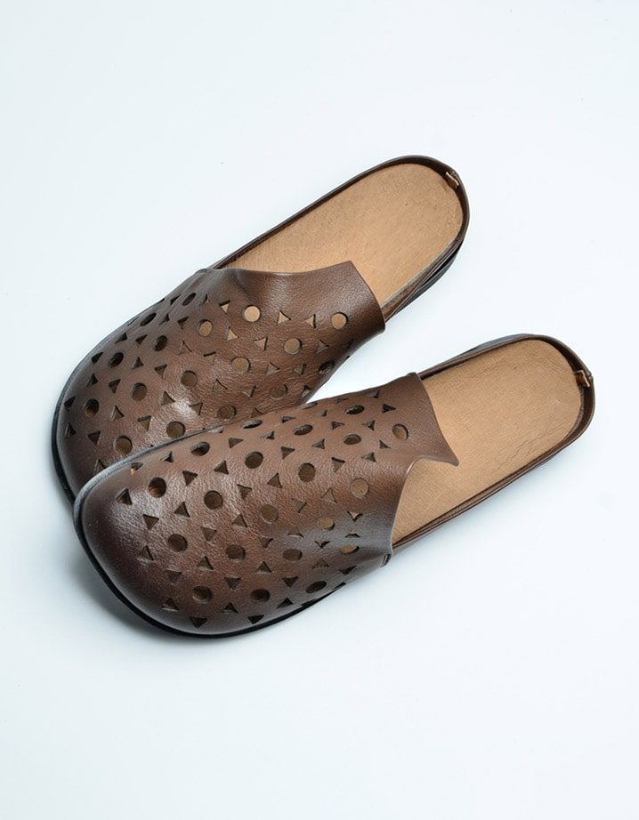 Retro Lederen Slippers Met Zachte Onderkant En Ronde Kop