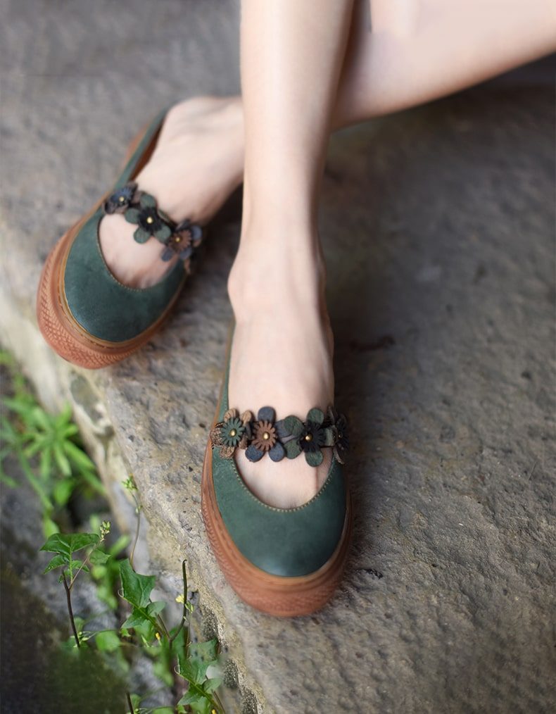 Zomer Retro Leren Bloem Groene Pantoffels