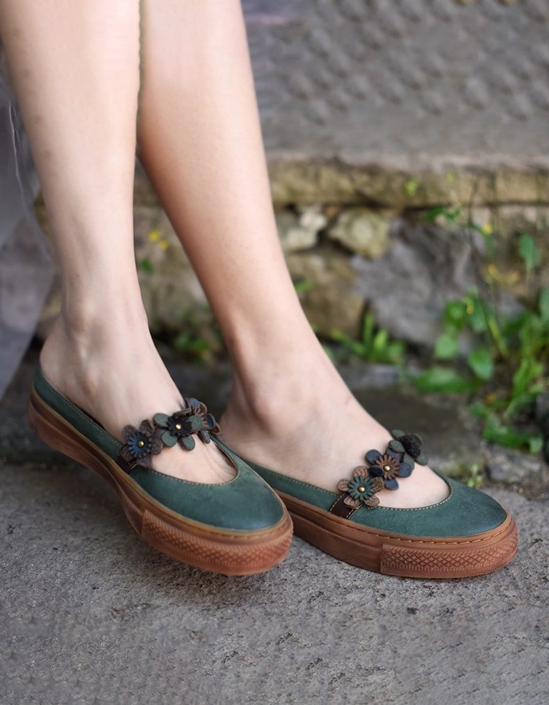 Zomer Retro Leren Bloem Groene Pantoffels