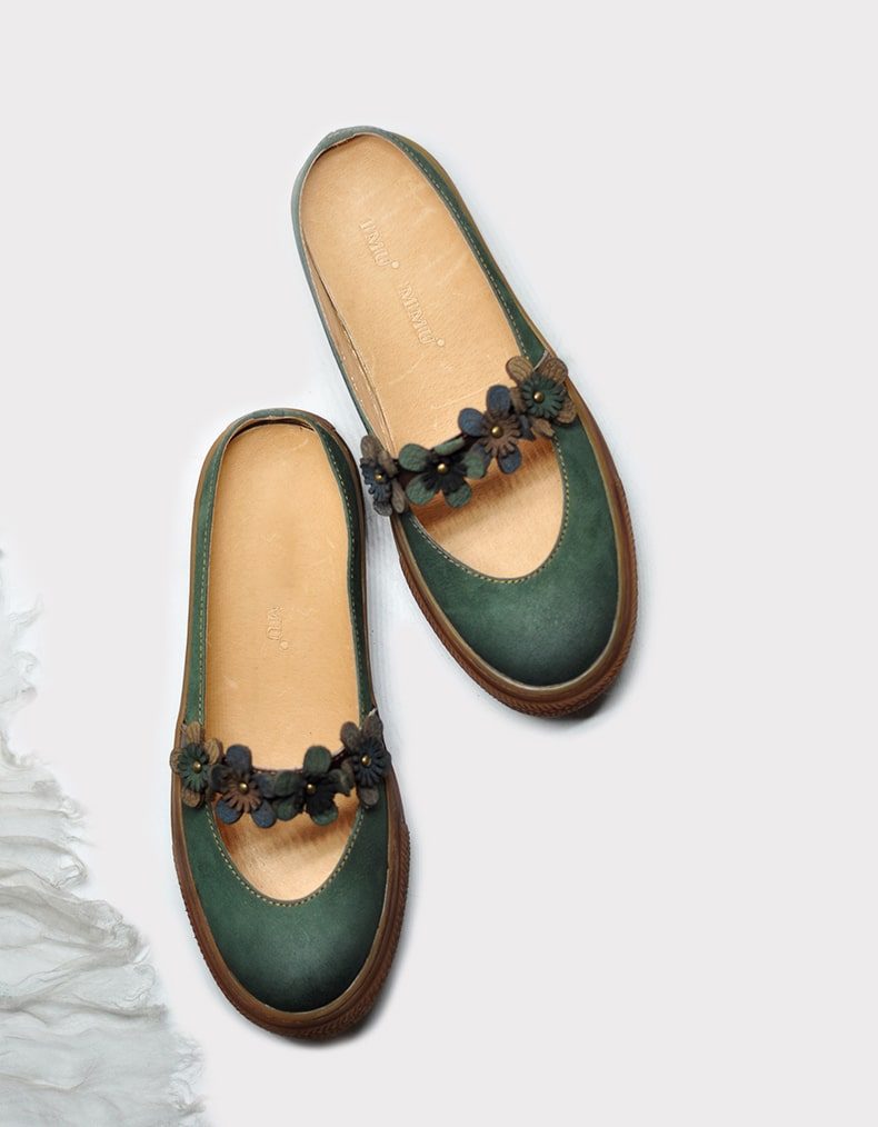 Zomer Retro Leren Bloem Groene Pantoffels