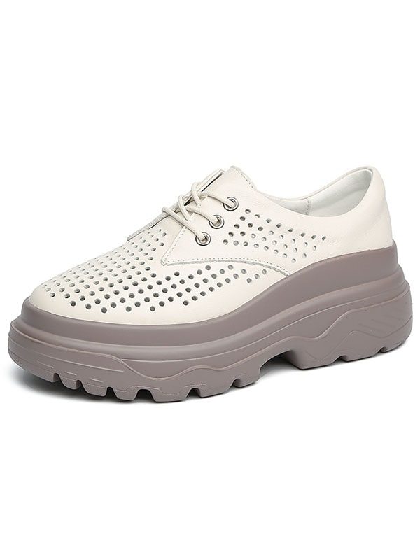 Dames Lente Leren Platform Veterschoenen Beige