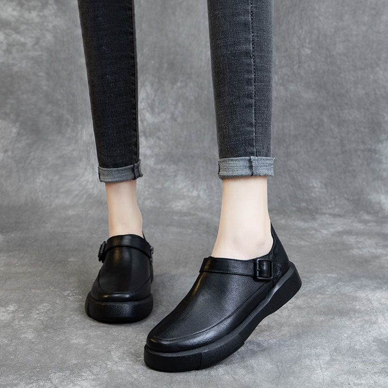 Lente Lederen Casual Vrouwen Zwarte Schoenen