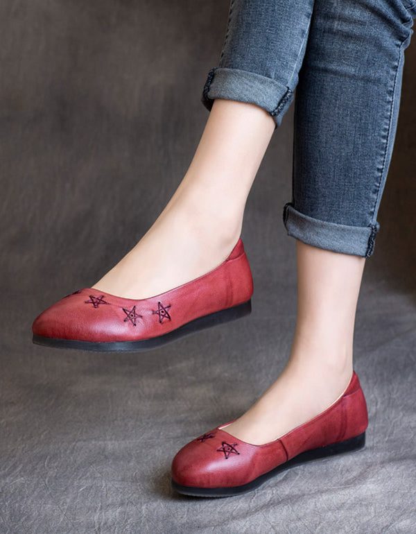 Lente Retro Leren Platte Schoenen Handgemaakte Puntige Pumps