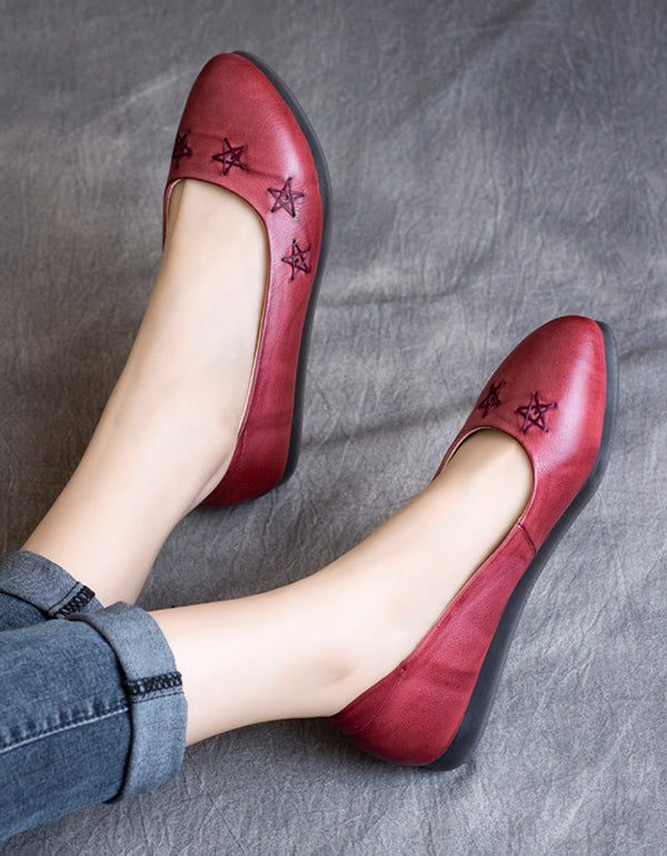 Lente Retro Leren Platte Schoenen Handgemaakte Puntige Pumps