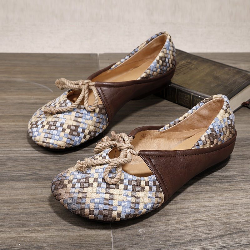 Lente Vintage Leer Geweven Vrouwen Platte Schoenen