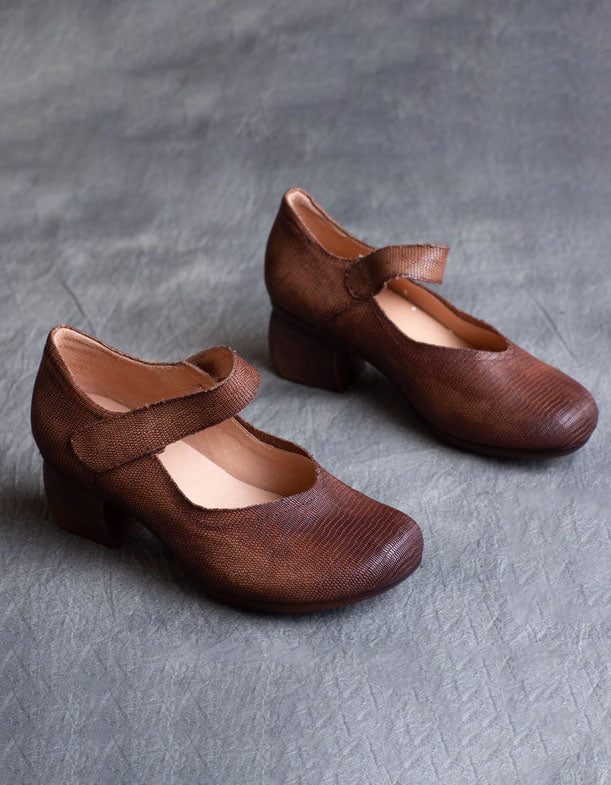 Vintage Leren Comfortabele Pumps Met Dikke Hakken