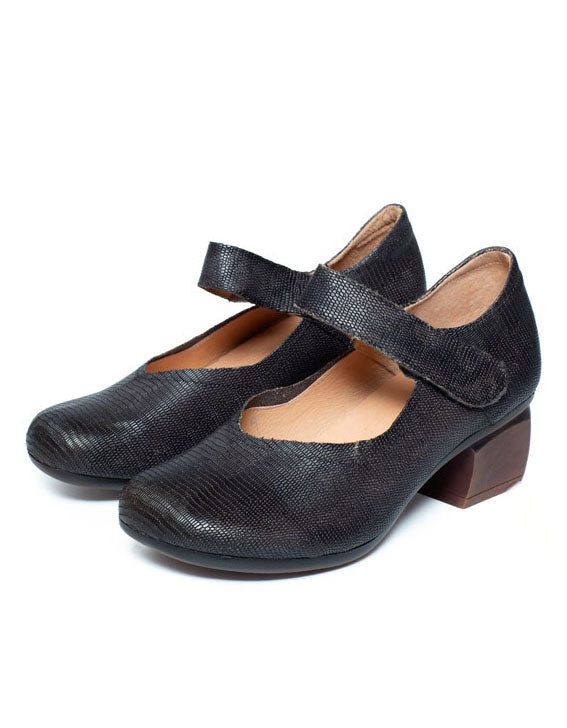 Vintage Leren Comfortabele Pumps Met Dikke Hakken